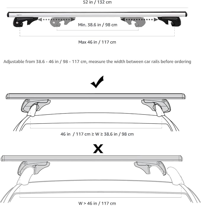Amazon Basics Cross Rail Roof Rack, 52 inches, Fits up to 46" Spans between Raised Side Rails with Gap, Pack of 2, Black/Silver
