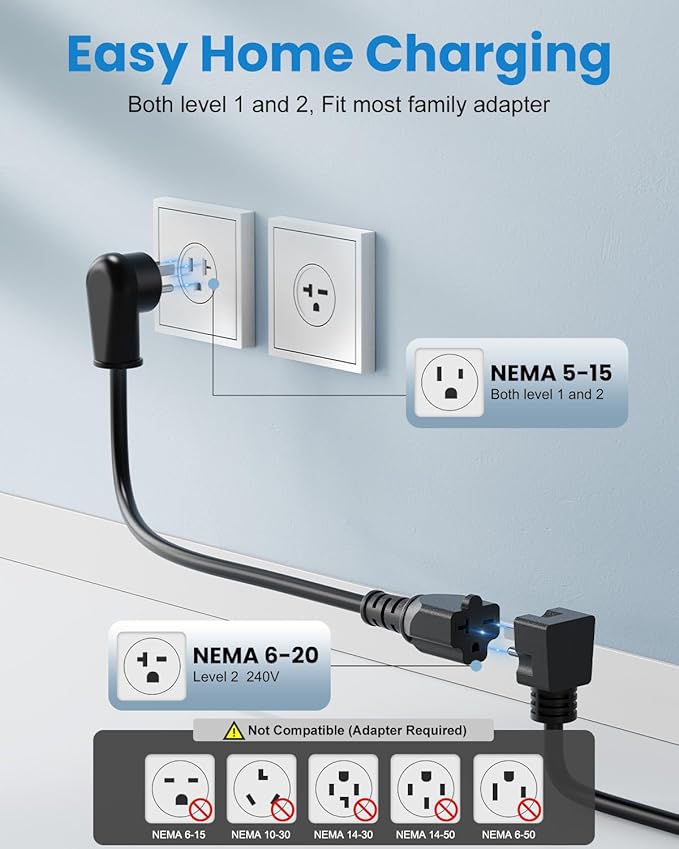 Level 1 & Level 2 EV Charger - 16A Adjustable Current, Timer Function | 110V-240V, 21FT Cable | Compatible with All SAE J1772 EVs/PHEVs | NEMA 6-20 Plug & 5-15 Adapter