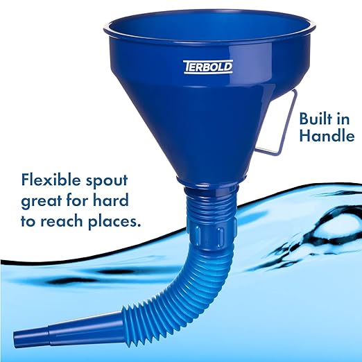 Automotive Flex Funnel with Hose | Wide Mouth Flexible Oil Funnel for Automotive Use - Gas, Transmission Fluid, Car Fuel, Oil Change (Black + Blue)