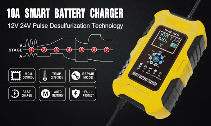 12V/24V 10-Amp Car Battery Quick Charger for Wet/GEL/SLA/LiFePO4/Lead-Acid/AGM Batteries, 7-Stage Multifunctional Battery Charger/Maintainer, for ATVs/Golf Cart/Motorcycle/Automobile/Marine etc