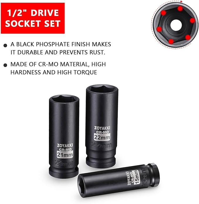 1/2" Drive Deep 6-Point Impact Socket Set, 5-Piece Standard Metric Spindle Axle Nut Impact Socket Set, Cr-Mo,6 Point (15-17-19-21-22mm) Size,Wheel Lug Nuts Socket