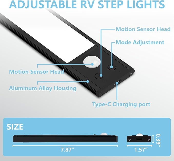 2 Pack Motion Activated RV Step Lights, USB Rechargeable 48 LED Rv Light Camping Camper Lights Adjustable 3 Color for Motorhome Travel,Travel Trailers, Camper (Black)