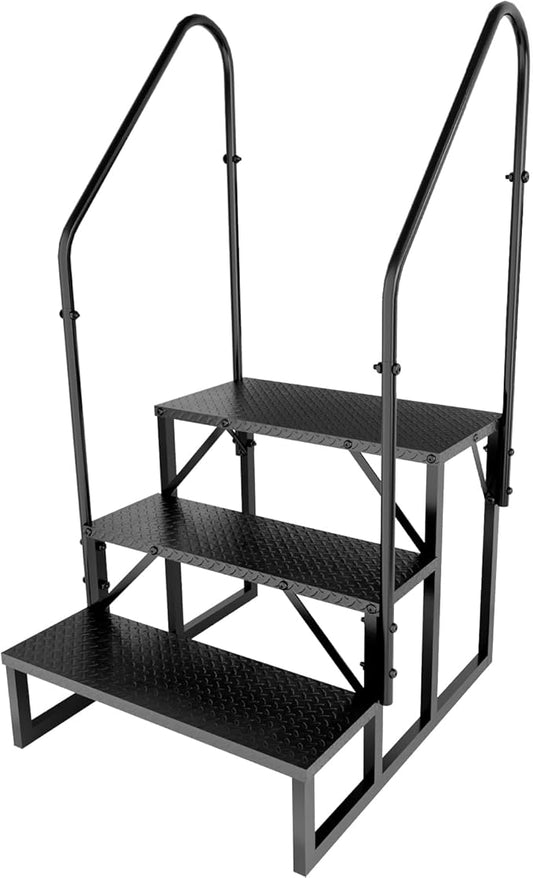 RV Steps with 2 Handrails, Hot Tub Steps Outdoor, 3 Step Ladder Stool, RV Stairs with Anti-Slip Panel, Camper Steps for Spa, Travel Trailers, Pool and Porch