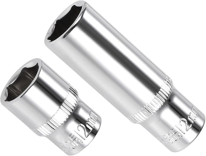 6-Point Socket, 1/4" Drive 12mm Deep, Polished Chromed CR-V Metric Deep and Shallow Impact Socket - (Applications: for Ratchet Torque Electric Wrenches Car Repair), 2-Pieces
