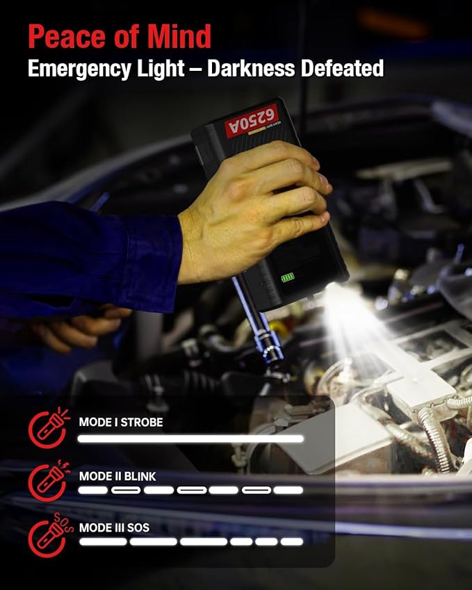 CS02 6250A Peak Jump Starter with Air Compressor, 20000mAh Battery Pack, 8.5L Gas/6.5L Diesel, USB-A Charging, Smart Display, 50 Starts, Safety Protection