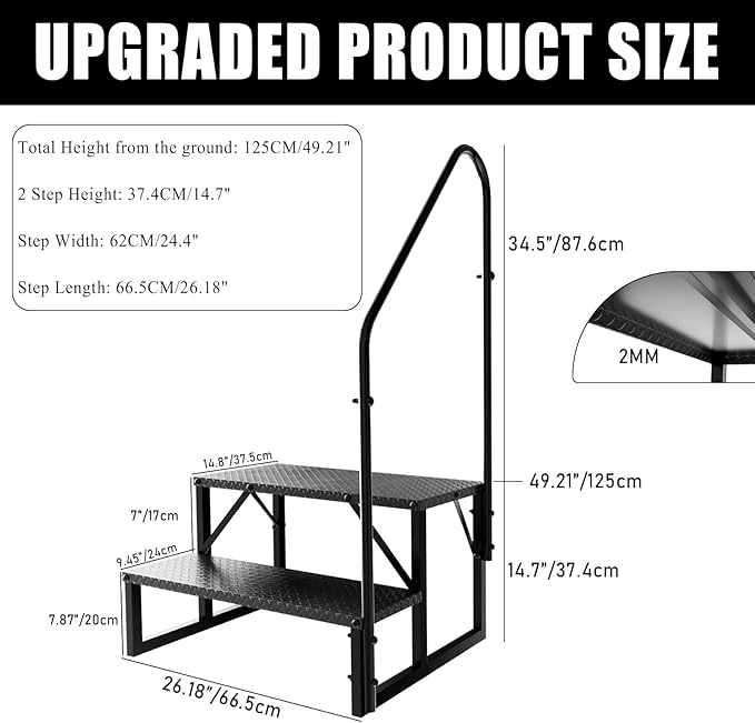 RV Steps with Handrail, 2 Step RV Stairs 660 lbs Load Capacity, Step Ladder with Anti-Slip Panel, Mobile Home Stairs for Travel Trailers