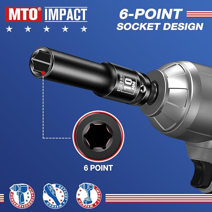 MTO 1/2" Drive 10mm Deep Impact Socket, 6 Pt. Metric Socket, CR-MO Steel & Anti-Corrosion Coating for Heavy-Duty Use