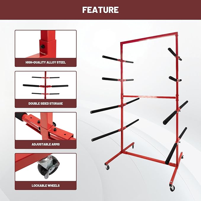 Mobile Bumper Storage Rack, 8 Pairs of Arms Double Sided Bumper Stand with Lockable Wheels, Heavy Duty Utility Bumper Storage Dolly Length Adjustable for Automobile Parts Accessories, Red