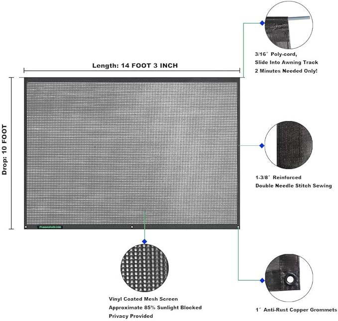 Tentproinc RV Awning Sun Shade Screen 10' X 14' 3'' (Fit for 15' Awning) Mesh Screen Sunshade Motorhome Camper Trailer Awning Sunscreen UV Blocker Complete Kits - 3 Year Warranty (Black)