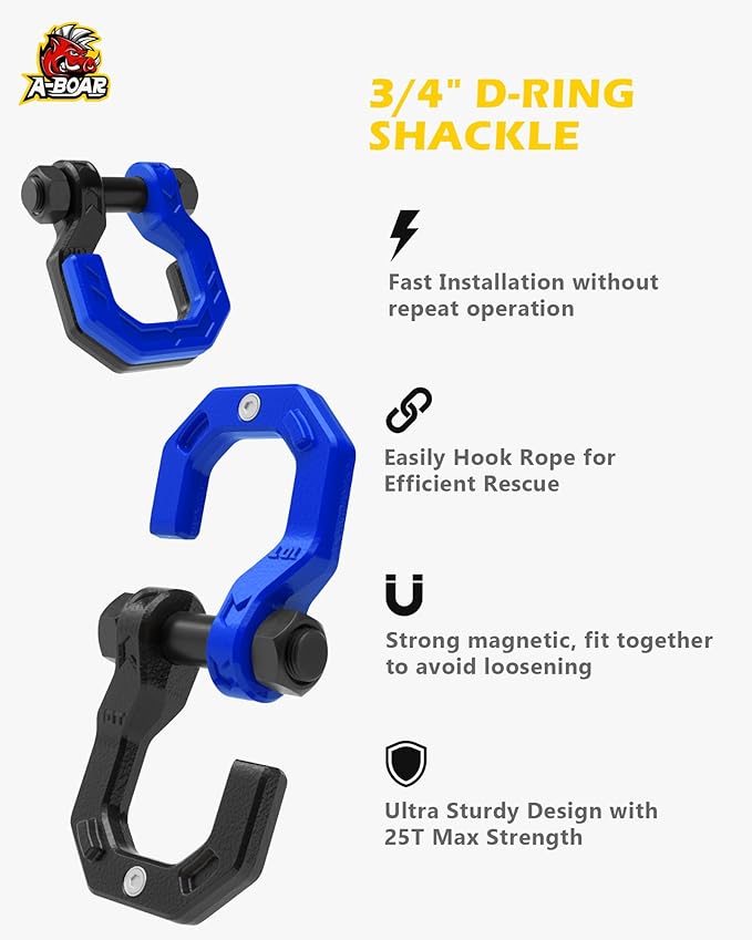 Separate D-Ring Shackles, 2Pack, 3/4" Separate D-Ring Shackles 7/8" Pin, 57320lbs Breaking Strength, Heavy Duty Forged Steel, D-Ring Towing Winch Shackle for Recovery, 4x4 Off-Road, Black Blue