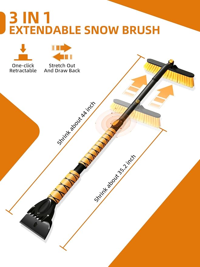 44" Snow Brush and Ice Scraper for Car Windshield, Extendable Snow Brush 360° Rotating Snow Removal Tool with Comfortable Foam Grip for Truck Vehicle Automobile Car (Yellow)