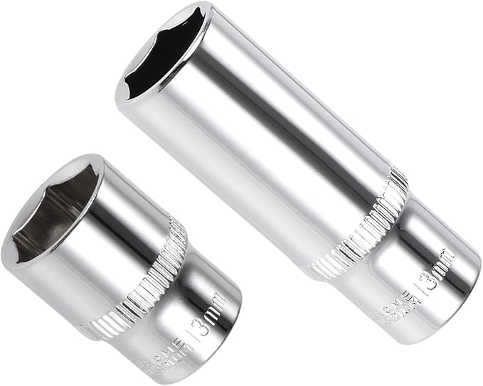 6-Point Socket, 1/4" Drive 13mm Deep, Polished Chromed CR-V Metric Deep and Shallow Impact Socket - (Applications: for Ratchet Torque Electric Wrenches Car Repair), 2-Pieces