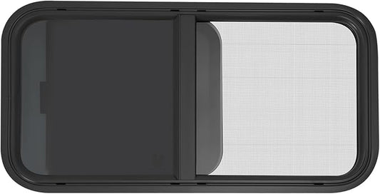 30" W x 15" H RV Window Horizontal Sliding, DOT Certified - Shatterproof Tempered Tinted Glass, with Net Screen and Trim Ring, Teardrop Replacement Trailer Camper Window