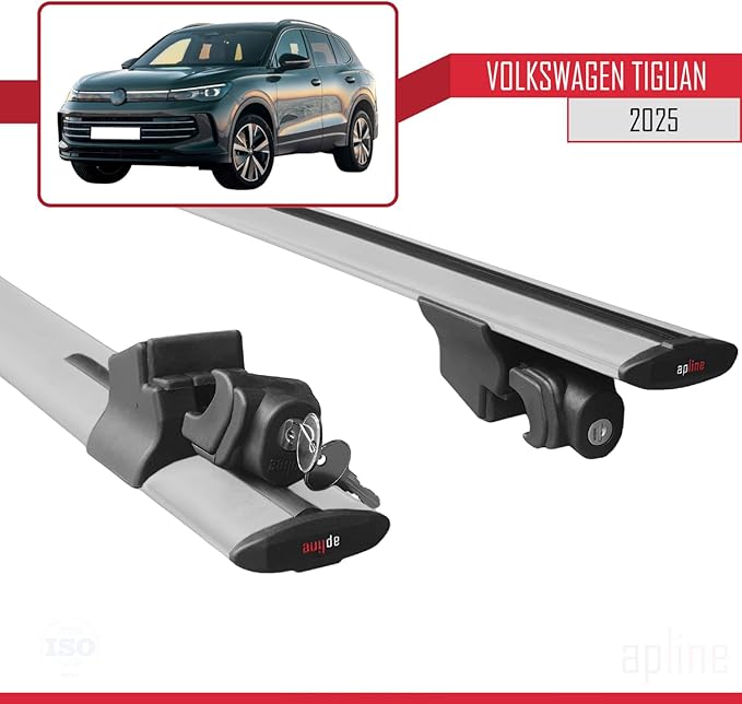 Compatible with Volkswagen Tiguan 2025 Hook Model Car Roof Rack Cross Bar Grey Aluminium 2 Bars