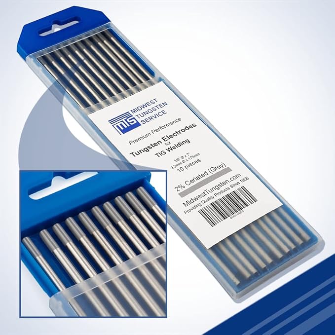 Midwest Tungsten Service TIG Welding Tungsten Electrodes 10-Pack (Grey - 2% Ceriated Tungsten (WC20/EWCe-2), 1/8")