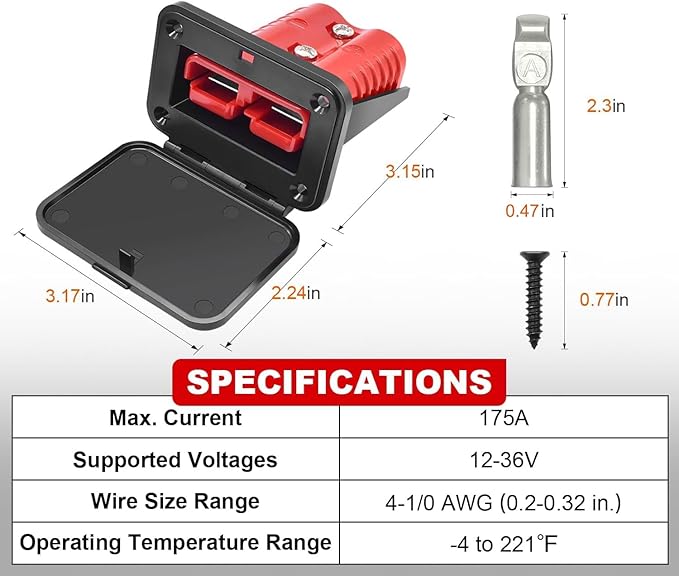 GZSH Anderson Plug 2PCS 175A Quick Connect Wire Connectors with Mount and Cap 4-1/0 AWG Battery Quick Disconnect 12V-36V Battery Quick Connect Waterproof SB175 for Car RV Trunk Boat Winch