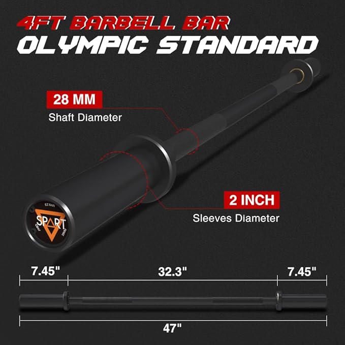 4FT Olympic Barbell Bar, 47Inch Straight Weight Bar with 2 Collars, Solid Olympic Bar with Bearings, 500Lbs Capacity Weightlifting Bar for Home Gym Strength Training, Suitable for 2 Inch Plates