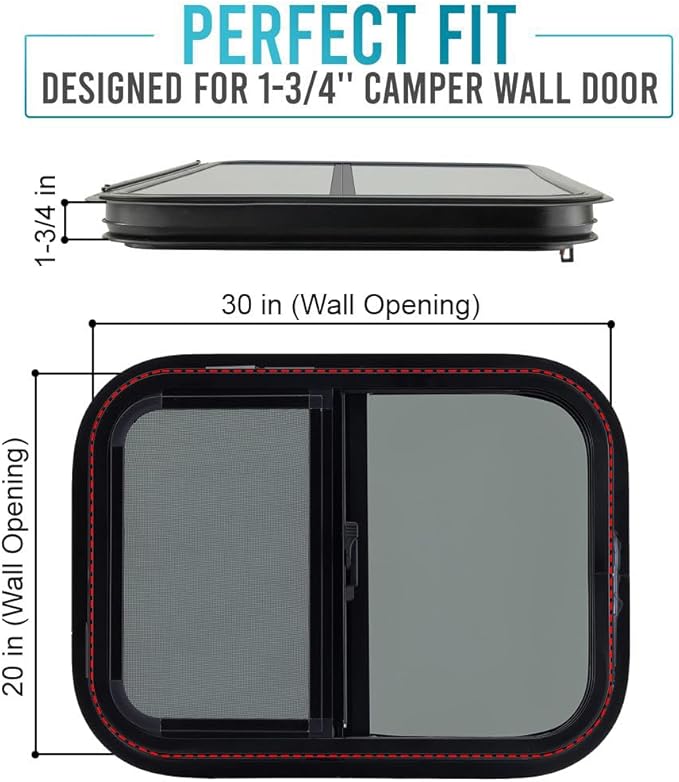 ProFlex RV Horizontal Sliding Window 30" W x 20" H – Heavy Duty Ultra Thick 5mm Tempered Glass, RV Camper Windows Replacement with Trim for 1-1/2’’ Wall Thickness – Easy Installation, DOT Certified