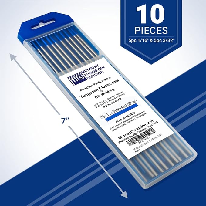 Midwest Tungsten Service TIG Welding Tungsten Electrodes 10-Pack (Blue - 2% Lanthanated (WL20/EWLa-2), 5pc 1/16" & 5pc 3/32")