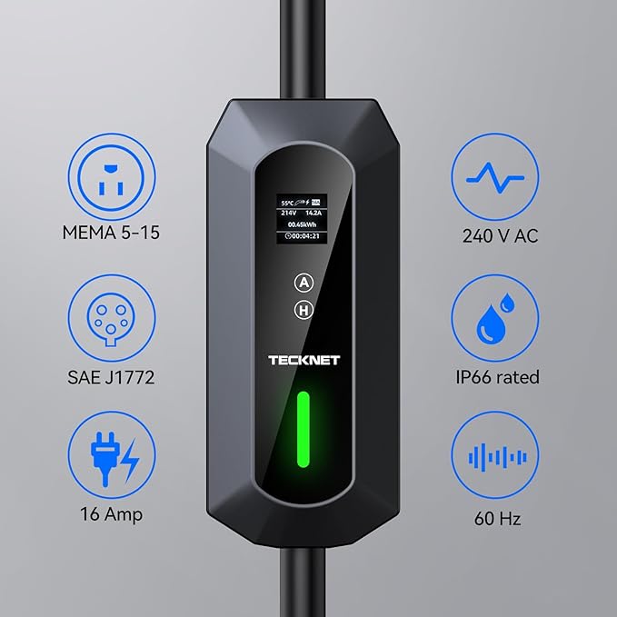 TECKNET EV Charger Level 1&2, 16A Electric Car Charger with NEMA 6-20 Plug, NEMA 5-15 Adapter, 25FT Cable, J1772 Electric Vehicle Charging Equipment Compatible with All EV Models