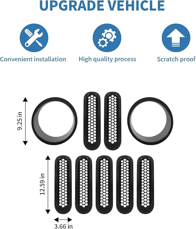 for Jeep JK Front Grille Inserts & Headlight Cover Trim Ring for Jeep Wrangler JK JKU 2007-2017 Black Exterior Accessories 9pcs