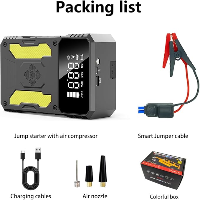 3000A Jump Starter with Air Compressor, 12V Battery Booster, 150PSI Tire Inflator Auto-Stop, QC3.0 Fast Charging Power Bank, Type-C Input/Output, LED SOS Light for Emergency Use