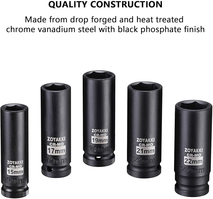 1/2" Drive Deep 6-Point Impact Socket Set, 5-Piece Standard Metric Spindle Axle Nut Impact Socket Set, Cr-Mo,6 Point (15-17-19-21-22mm) Size,Wheel Lug Nuts Socket