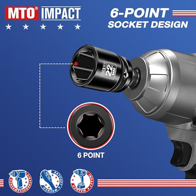 MTO 1/2" Drive 22mm Shallow Impact Socket, 6-Point Metric Socket, CR-MO Steel & Anti-Corrosion Coating for Tight Spaces and Heavy-Duty Tasks