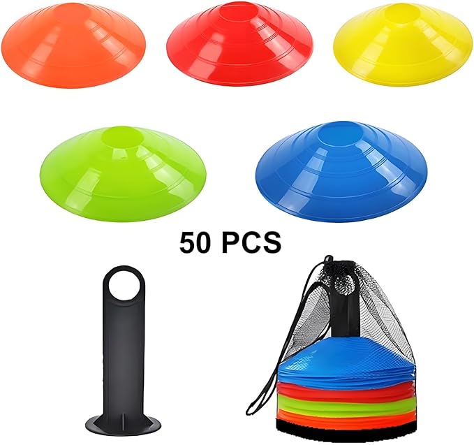 Soccer Cones (Set of 50), Agility Training Disc Cone with Carry Bag and Holder for Drilling Football Basketball Sports Field Markers,