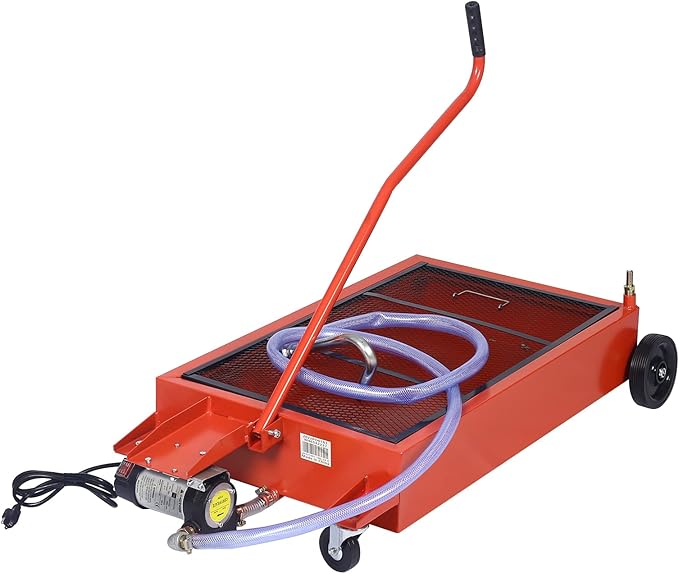 17 Gallon Oil Drain Pan with Electric Pump, Low Profile Oil Pans for Truck, Car Changing Oil, Foldable Handle/7 Ft Evacuation Hose/Swivel Casters Wheels