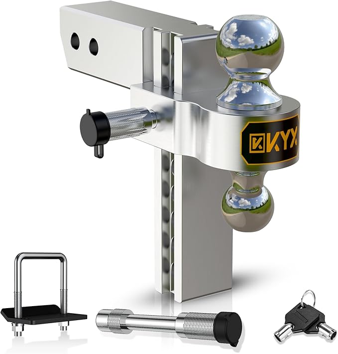 KYX Adjustable Trailer Hitch-Drop Hitch 8" Drop/Rise for 2.5" Receiver, 18500 lbs GTW Heavy Duty Towing Ball Mount with 2" and 2-5/16" Hitch Balls, Anti-Theft Locking Pin, Aluminum Truck Tow Hitches