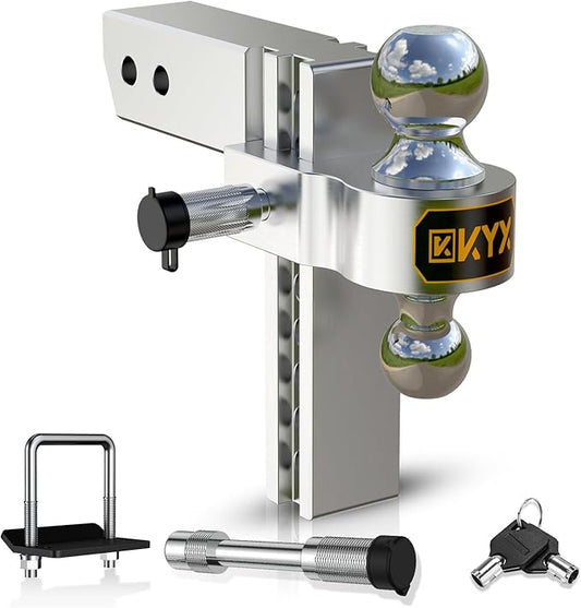 KYX Adjustable Trailer Hitch-Drop Hitch 8" Drop/Rise for 2.5" Receiver, 18500 lbs GTW Heavy Duty Towing Ball Mount with 2" and 2-5/16" Hitch Balls, Anti-Theft Locking Pin, Aluminum Truck Tow Hitches