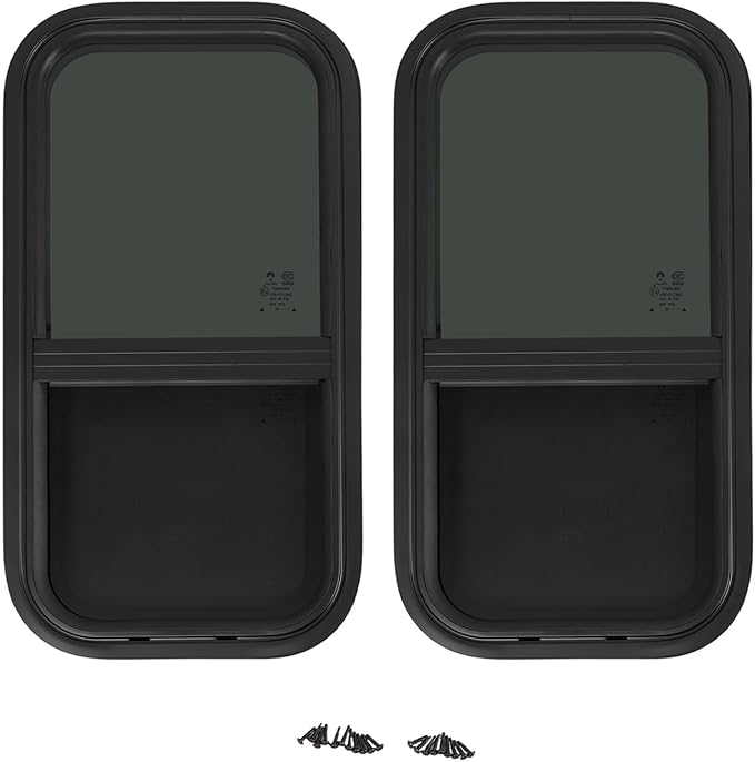 RV Window Teardrop Style 2Pack, 12" X 24" Universal RV Window Vertical Slide With 2 Trim Ring, Vertical Sliding Glass Window with Screen Window for Cargo, Horse Trailer (12" X 24" （2 pack）)