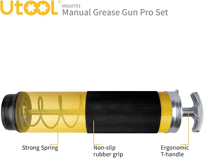 UTOOL Grease Gun, 8000 PSI Heavy Duty Pistol Grip Grease Gun Kit, 14 oz Capacity, 20 Inch Rubber Flex Hose, 1 Patented Double Handle Coupler, 1 Basic Coupler, 1 Needle Nozzle, 1 Hose Swivel