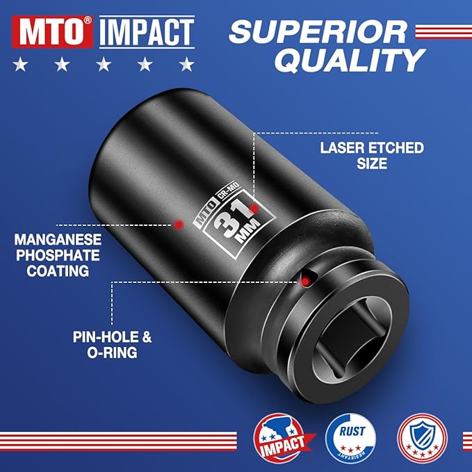MTO 1/2" Drive 31mm Deep Impact Socket, 6 Pt. Metric Socket, CR-MO Steel & Anti-Corrosion Coating for Heavy-Duty Use