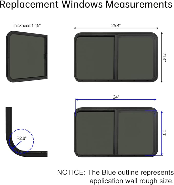 24" W x 20" H RV Window Horizontal Sliding, DOT Certified - Shatterproof Tempered Tinted Glass, with Net Screen and Trim Ring, Teardrop Replacement Trailer Camper Window