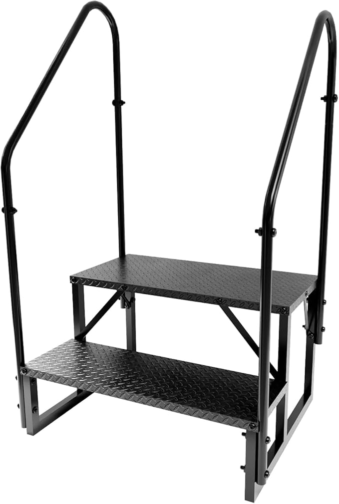 RV Steps with 2 Handrails, Hot Tub Steps Outdoor, 2 Step Ladder Stool, RV Stairs with Anti-Slip Panel, Camper Steps for Spa, Travel Trailers, Pool and Porch