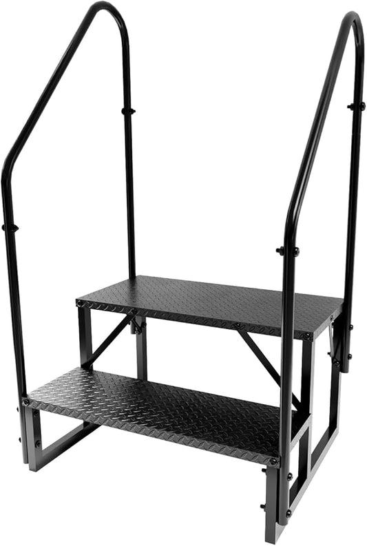 RV Steps with 2 Handrails, Hot Tub Steps Outdoor, 2 Step Ladder Stool, RV Stairs with Anti-Slip Panel, Camper Steps for Spa, Travel Trailers, Pool and Porch