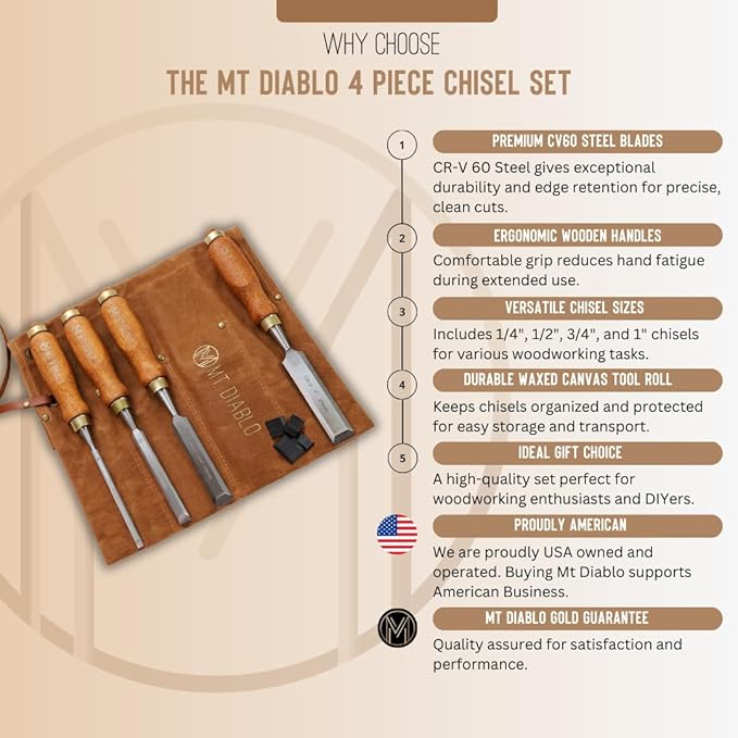 Mt Diablo Woodworking Tools 4 Piece Chisel Set - Premium CV60 Steel Wood Chisel Sets with Ergonomic Handles, Includes 1/4" 1/2" 3/4" 1" Widths - Ideal for Woodworkers - Durable Waxed Canvas Tool Roll