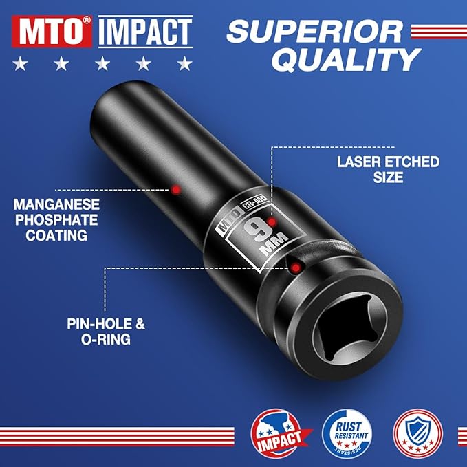 MTO 1/2" Drive 9mm Deep Impact Socket, 6 Pt. Metric Socket, CR-MO Steel & Anti-Corrosion Coating for Heavy-Duty Use