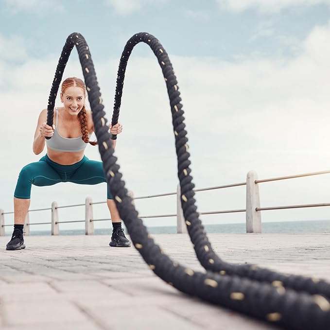 MECCANIXITY Battle Rope 10ft x 1 Inch Polyester Workout Rope Heavy Fitness Exercise Rope for Strength Training Home Gym Muscle Building, Black Red