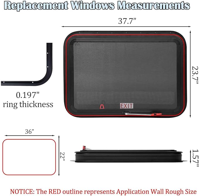 RV Window | 36" W x 22" H | RV Exit Window | Tempered Glass &Trim Set | DOT Certification Qualified