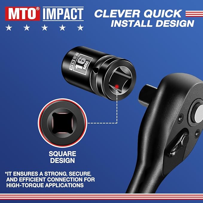 MTO 1/2" Drive 16mm Shallow Impact Socket, 6-Point Metric Socket, CR-MO Steel & Anti-Corrosion Coating for Tight Spaces and Heavy-Duty Tasks