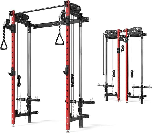 Mikolo Folding Squat Rack, Wall Mounted Power Rack with Cable Crossover Machine & LAT Pull Down, Functional Trainer with 5 Adjustable Function Modes, for Home Gym and Space Saving