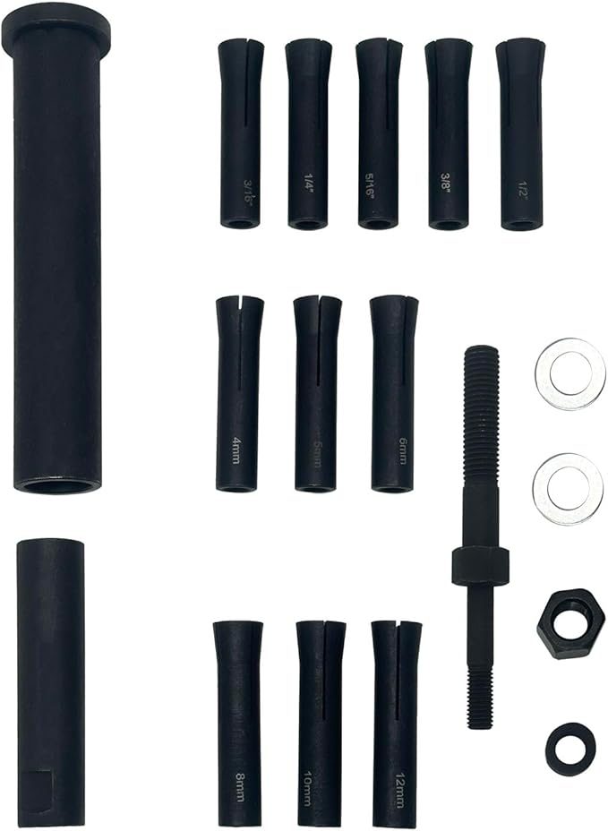 18Pcs 95400 in-Line Dowel Pin Puller Master Set Dowel Dismantling Tools Includes Both SAE and Metric Collets, SAE Set: 1/2″, 1/4″, 3/8″, 3/16″ ,5/16″; Metric Set: 4mm, 5mm, 6mm, 8mm, 10mm, 12mm