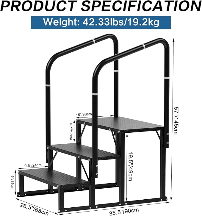 RV Steps, 3-Steps RV Stairs with Handrail Hot Tub Steps Camper Steps, Non-Slip Steps Outdoor Stairs for RV, Trailer, Mobile Home Stairs, Outdoor Spa
