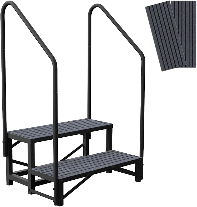 RV Steps with Handrail, 2 Steps RV Stair, Mobile Home Stairs for Camper, Trailer, hot tub, Steps with Non-Slip mat, 660lbs Capacity