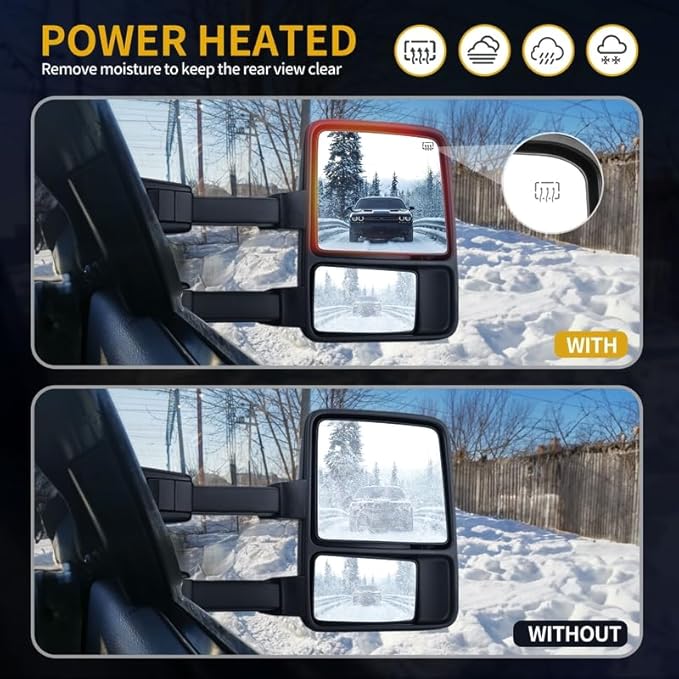 DWVO Tow Mirrors Compatible with 1999-2007 Ford F250 F350 F450 F550 Super Duty & 2000-2005 Excursion, 2-Piece of Towing Mirrors with Amber Turn Signal & Power Heated, Folding Side Mirror, Direct Fit