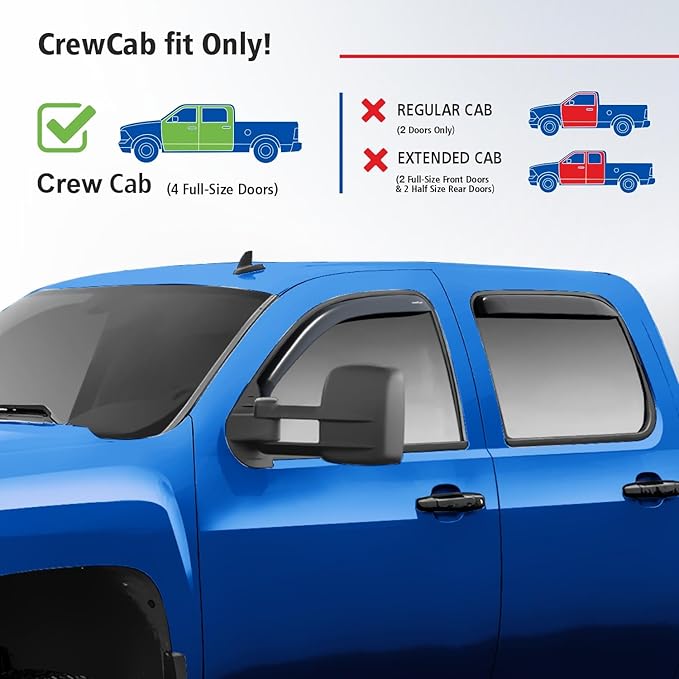 Goodyear Shatterproof in-Channel Window Deflectors for Trucks Chevrolet (Chevy) Silverado/GMC Sierra 2007-2013 Crew Cab, Rain Guards, Window Visors, Vent Deflector, Truck Accessories, 4 pcs- GY003400