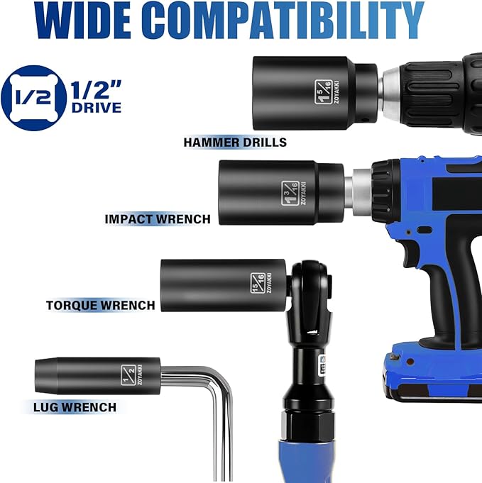 1/2" Drive SAE Impact Socket Set（3/8" to 1-1/2"),19 Pcs Heavy Duty CR-MO Deep Sockets,6 Point Design for Large Vehicle and Apparatus Maintenance